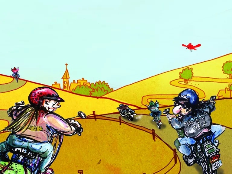 dessin de Carnettiste à moto dans un décor campagnard © Luc Perez et ben.bert