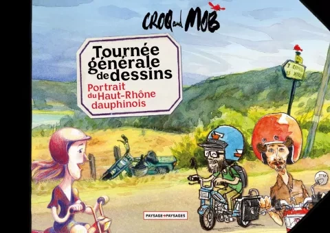 Couverture du livret croq and mob : un paysage dessiné avec en premier plan 3 des dessinateurs à mobylette